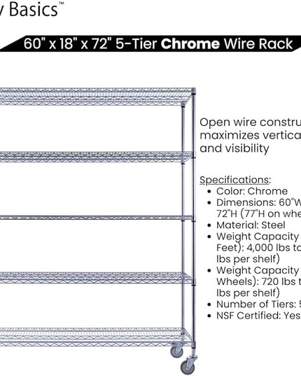 NSF Commercial 5-Tier Wire Shelving with Wheels, 60"x18"x72" Heavy Duty Metal Shelves 4000 lbs Max Capacity, Chrome Storage Rack for Garage Kitchen Pantry Warehouse