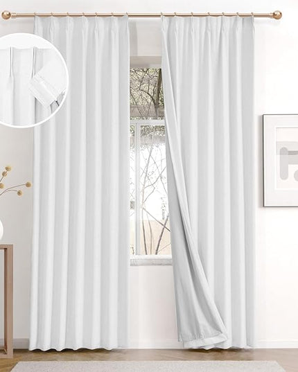IVAPUPU Linen Pinch Pleated 100% Blackout Curtains for Bedroom - 2 Pages Black Out White Curtains 63 Inch Long 2 Panel for Living Room Darkening Thermal Window Curtain Drapes with 16pc Hooks