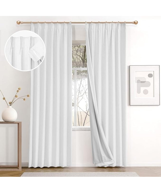 IVAPUPU Linen Pinch Pleated 100% Blackout Curtains for Bedroom - 2 Pages Black Out White Curtains 63 Inch Long 2 Panel for Living Room Darkening Thermal Window Curtain Drapes with 16pc Hooks