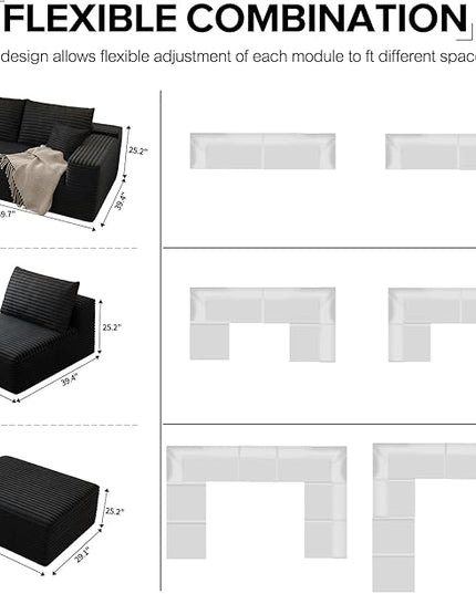 139.4" Modular Sectional Sofa, U-Shaped Minimalist Couches with 2 Middle Seats, Modern Deep Seat Convertible Sleeper Sofa Bed,Cloud Plush Corduroy Fabric, No Assembly Required, 6 Seater, Black