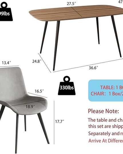47.2'' Dining Table Set for 4,Modern Wood Dining Table,Leather Dining Chairs 4,Table and Chairs Set of 4,Ideal for Kitchen Dining Room (Walnut Color Table + 4 Gray Chairs, 47.2")