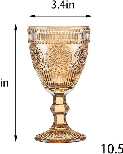 Vintage Wine Glasses Set of 6, 10 Ounces Colored Glass Water Goblets, Unique Flower Embossed Pattern High Clear Stemmed Glassware Wedding Party Bar Glass Drinking Cups Flower Amber Fancy Glasses