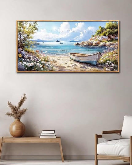 PHAOHUAXM Large Canvas Wall Decor For Living Room Wall Art For Bedroom Office Wall Decorations Print Marine Landscape Wood Framed Paintings Artwork Mural Stretched and Framed Beach Posters 24"X48"