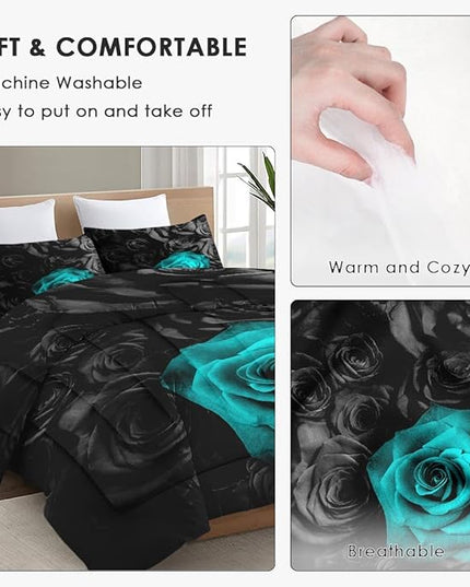 Twin Size Comforter Set with Pillowcase, Cyan Rose Flower 2 Pcs Bedding for Kids and Adults, Summer Vintage Floral Soft Comforter Set for Bedroom Bed Decor