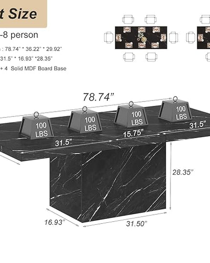 HSH 78” Black Dining Table for 6 to 8, Rectangle Large Faux Marble Dinner Table, Modern Dining Room Table for Living Room Office, Industrial Wood Kitchen Table only with Sturdy Base, Black, 78.74 Inch