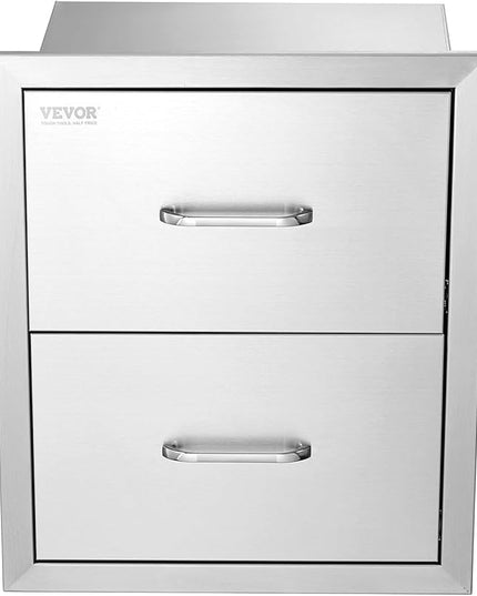 VEVOR Outdoor Kitchen Drawers, 17.8W x 20.2H x 12.2D Inch, Flush Mount Double BBQ Drawer, Stainless Steel BBQ Island with Handle, for Outdoor Kitchens or Patio Grill Station