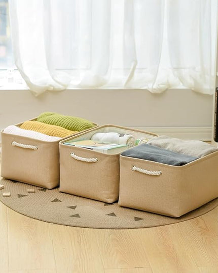 TheWarmHome Organization and Storage Bin for Shelves - Large 3 Pack 16x12x8 inch Storage Basket for Organizing, Canves Storage Cubes for Organizer Toy Closet Cloth Gift (Beige)