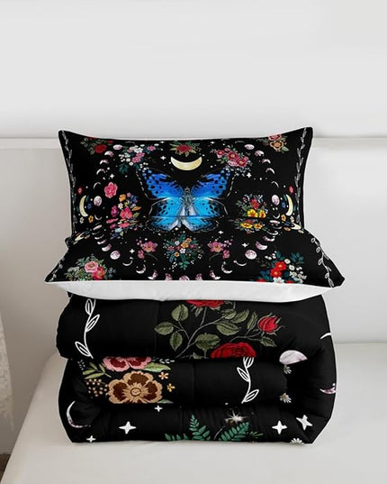 Sun and Moon Kids Comforter Set King Size,Starry Sky Galaxy Planet Trippy Bedding Set,Boys Girls Adults Room Decor,Butterfly Flowers Boho Exotic Down Comforter,Colorful Duvet Insert,2 Pillowcases