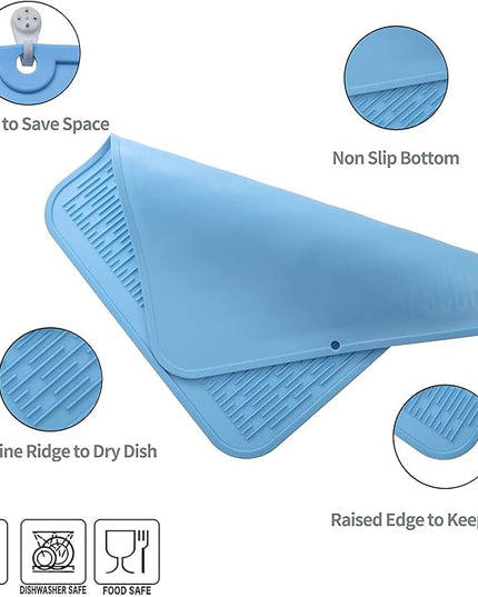Silicone Dish Drying Mat for Multiple Usage,Easy clean,Eco-friendly,Heat-resistant Silicone Mat for Kitchen Counter or Sink,Refrigerator or Drawer Liner Light Blue 2XL 24 inches x 18 inches