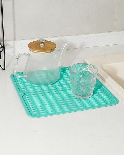 Silicone Dish Drying Mat for Multiple Usage,Easy clean,Eco-friendly,Heat-resistant Silicone Mat for Kitchen Counter or Sink,Refrigerator or Drawer liner Mint M 12 inches x 12 inches