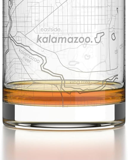 Well Told Engraved Kalamazoo Michigan Map Rocks Glass, Old Fashioned Glassware (11 oz, Clear) Etched Bourbon Tumbler, Gifts For Whiskey Lovers