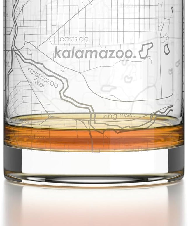 Well Told Engraved Kalamazoo Michigan Map Rocks Glass, Old Fashioned Glassware (11 oz, Clear) Etched Bourbon Tumbler, Gifts For Whiskey Lovers