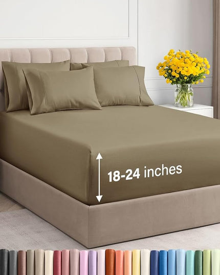 Extra Deep Cal King Sheet Set - 6 Piece Breathable & Cooling Sheets - Hotel Luxury Bed Sheets Set - Easy & Secure Fit - Soft, Wrinkle Free & Comfy Sheets Set - Khaki Sheet Set with Extra Deep Pockets