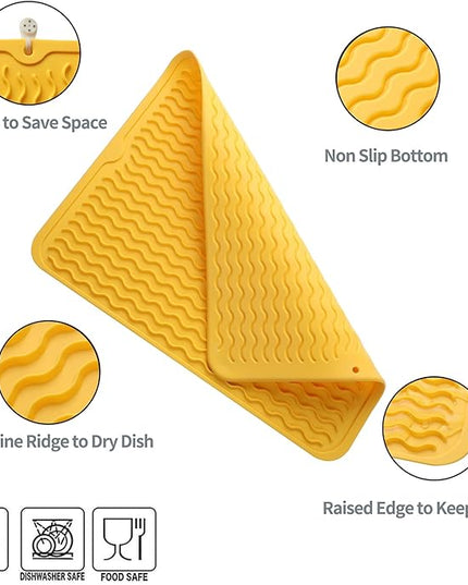 Silicone Dish Drying Mat for Multiple Usage,Easy clean,Eco-friendly,Heat-resistant Silicone Mat for Kitchen Counter or Sink,Refrigerator or drawer liner Yellow L 16 inches x 12 inches