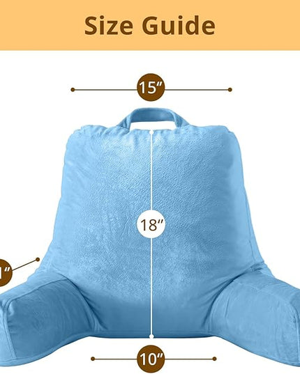 Sasttie Reading Pillow, Velvet Back Pillow for Bed Sitting Up, Adult Back-Rest Support Cushion with Arms for Sit Up on Couch, Sofa, and Floor, Dorm Essentials, Reading Accessories, Blue