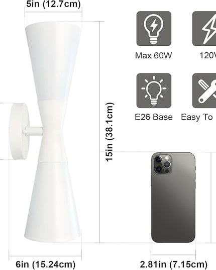 Modern Indoor Wall Sconces Set of 2 Up and Down White Wall Sconces Mid Century Indoor Wall Light Fixture Hardwired Wall Mounted Lamp for Living Room Bathroom Bedroom Hallway 15 Inch