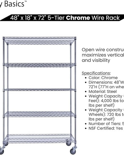 NSF Commercial 5-Tier Wire Shelving with Wheels, 48"x18"x72" Heavy Duty Metal Shelves 4000 lbs Max Capacity, Chrome Storage Rack for Garage Kitchen Pantry Warehouse