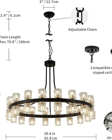 36" Wagon Wheel Chandelier Black Wagon Wheel Chandelie with Crystal Shade,Modern Style, Ideal for Dining Room, Kitchen, Entryways,36-Lights
