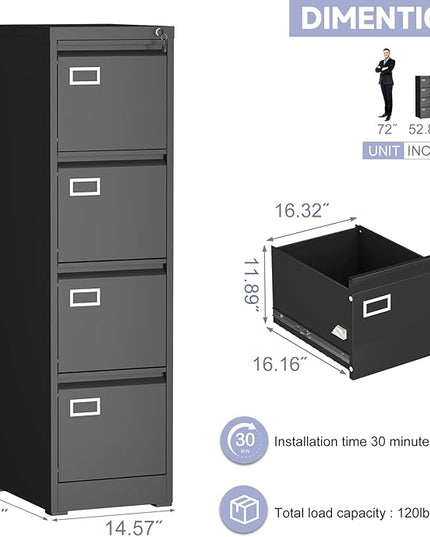 4 Drawer File Cabinet with Lock,Metal Filing Cabinets for Home Office 4 Drawer,Locking File Cabinet for Letter/Legal/A4/F4 Size,Assembly Require,Black