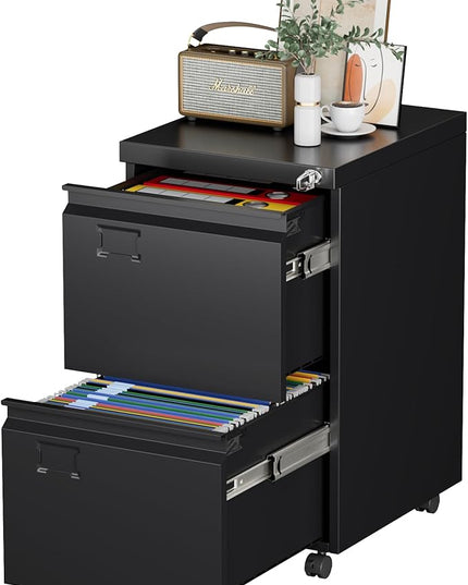 METAN 2 Drawer Vertical File Cabinet with Lock, Mobile Metal Filing Cabinet for Legal/Letter Size, Office Storage File Cabinet Under Desk with Card Holder,Assembly Required, Black