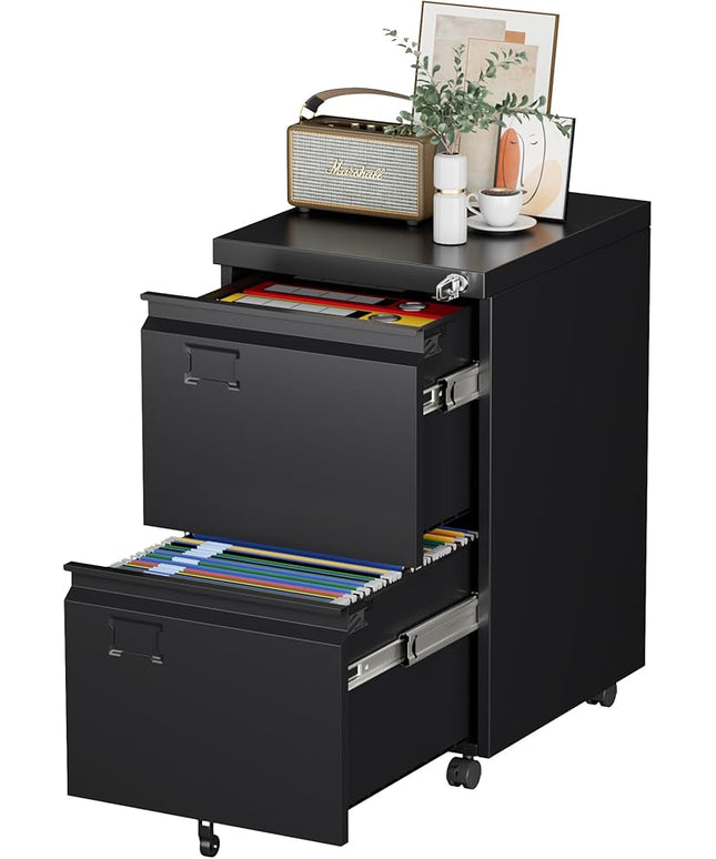 METAN 2 Drawer Vertical File Cabinet with Lock, Mobile Metal Filing Cabinet for Legal/Letter Size, Office Storage File Cabinet Under Desk with Card Holder,Assembly Required, Black