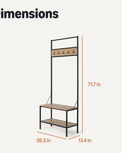 Amazon Basics Entry Bench with Hooks, Hall Tree with Shoe Storage Bench, Steel Frame, Oak Finish