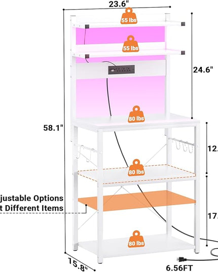 Aheaplus Bakers Rack with Power Outlet, Microwave Stand, 5 Tiers Coffee Bar Station with Led Lights, Kitchen Storage Shelf with 6 S-Shaped Hooks, Kitchen Rack for Spices, Pots and Pans, White
