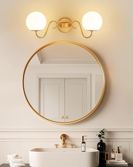 2 Lights Bathroom Vanity Light Fixtures Over Mirror, Brushed Gold Vintage Vanity Lights For Bathroom With Milk White Glass Globe Shade, Wall Lights For Bedroom, Hallway, Dressing Table,Includ G9 Bulbs