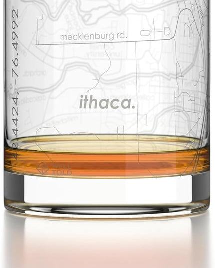Well Told Engraved Ithaca New York Map Rocks Glass, Old Fashioned Glassware (11 oz, Clear) Etched Bourbon Tumbler, Gifts For Whiskey Lovers