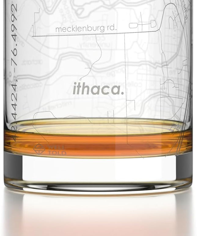 Well Told Engraved Ithaca New York Map Rocks Glass, Old Fashioned Glassware (11 oz, Clear) Etched Bourbon Tumbler, Gifts For Whiskey Lovers