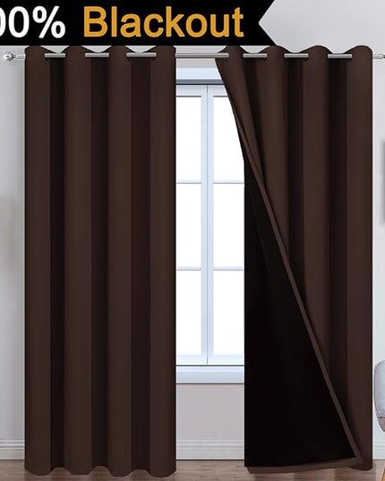 Yakamok 100% Blackout Curtains for Bedroom, 2 Thick Layers Thermal Insulated Grommet Total Blackout Drapes with Black Liner for Living Room (52Wx90L,Chocolate Brown, 2 Panels)