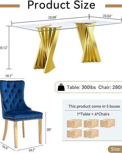 7 Piece Dining Table Set with 6 Blue Dining Chairs, Modern Glass Kitchen Table and Chairs Set for 6, 70" Rectangle Gold Glass Pedestal Dining Room Tables with Flash-Shape Stainless Steel Base