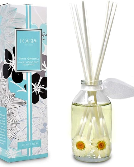 LOVSPA Reed Diffuser Set, White Gardenia Scented Oil Diffuser with Sticks, Home Fragrance Accessories for Bathroom Shelf Decor, Aroma Diffusers for Home or Office Desk, USA Made