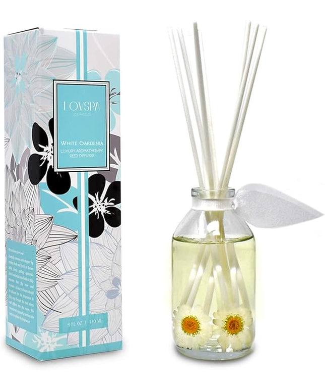 LOVSPA Reed Diffuser Set, White Gardenia Scented Oil Diffuser with Sticks, Home Fragrance Accessories for Bathroom Shelf Decor, Aroma Diffusers for Home or Office Desk, USA Made