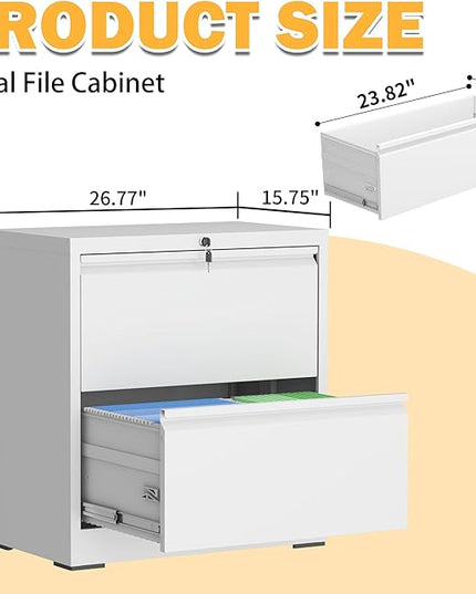 2 Drawer Lateral File Cabinet with Lock, File Cabinet, Metal Lateral Filing Cabinets for Home Office, File Storage Cabinet for Legal/Letter/A4 Documents, Assembly Required (White, 26'W)