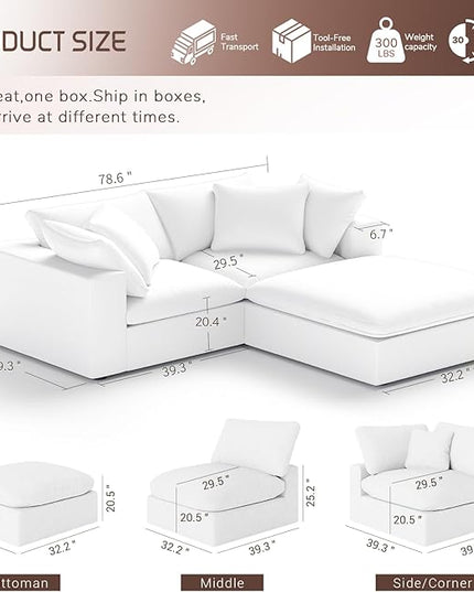 Modular Sectional Cloud Sofa Couch,L Shape 2 Seaters with Chaise Modern Down Filled Sofas Detachable Couch Cushion Covers Couches for Living Room Office Apartment,White