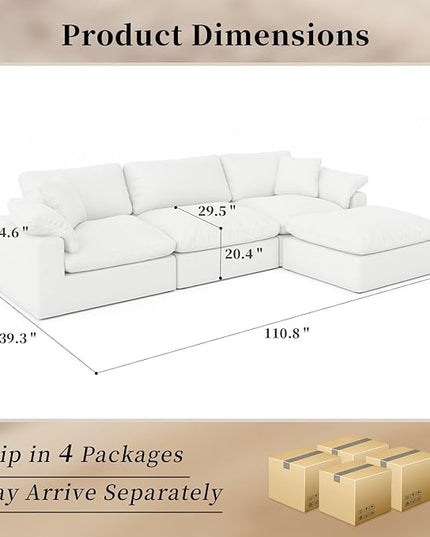 Modular Sectional Sofa Cloud Couch,Down Filled Comfy Cloud Modern Sofa,White Linen L Shape Oversized Couch Cushion Covers Removable Furniture for Living Room