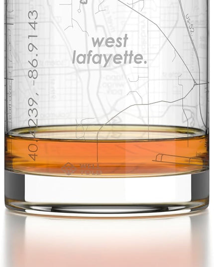 Well Told Engraved West Lafayette Indiana Map Rocks Glass, Old Fashioned Glassware (11 oz, Clear) Etched Bourbon Tumbler, Gifts For Whiskey Lovers