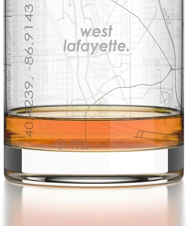 Well Told Engraved West Lafayette Indiana Map Rocks Glass, Old Fashioned Glassware (11 oz, Clear) Etched Bourbon Tumbler, Gifts For Whiskey Lovers