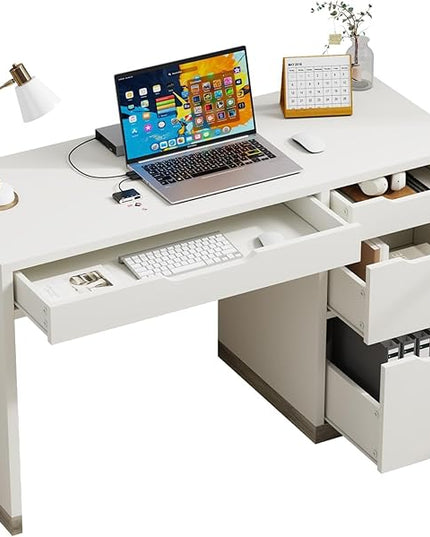 52 Inch White Desk with 4 Drawers, Computer Desk with Storage for Small Spaces with Storage File Cabinet, Small Home Office Desk with Drawers for Bedroom