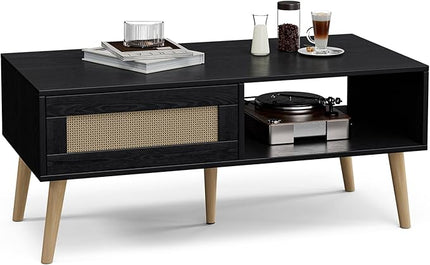 Wood Coffee Table with Storage, Boho Dining Table with Sliding Rattan Door Panel and Solid Wood Legs, Small Coffee Tables for Living Room, Black