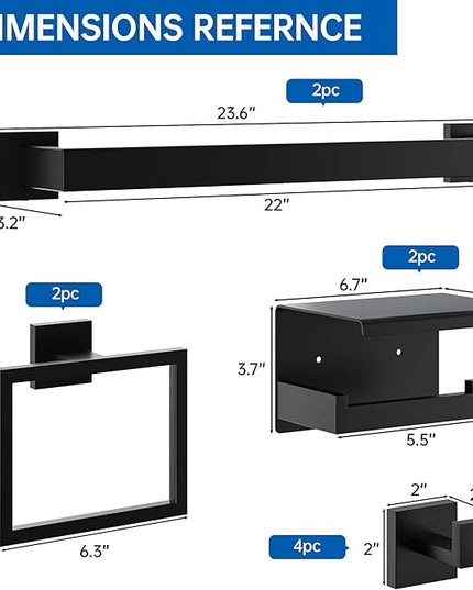 10-Pieces Bathroom Hardware Set, SUS304 Stainless Steel Wall Mounted 23.6 Inch Towel Bar, Toilet Paper Holder, Towel Hooks, Bathroom Towel Bar Set (Matte Black (Type 2), 10 Piece-23.6 inch)