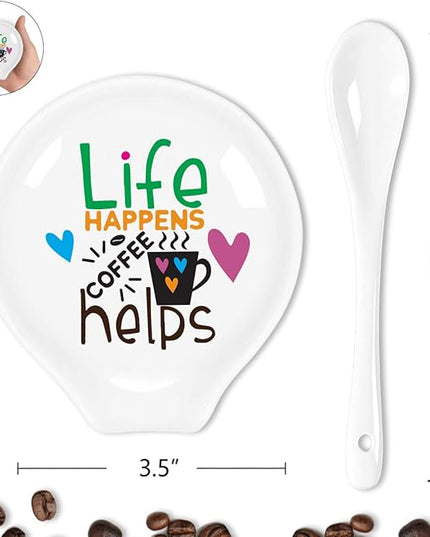 Funny Coffee Quote Colored Pattern Ceramic Coffee Spoon Holder-Coffee Spoon Rest -Coffee Station Decor Coffee Bar Accessories-Coffee Lovers Gift for Women and Men (Life Happens Coffee Helps)