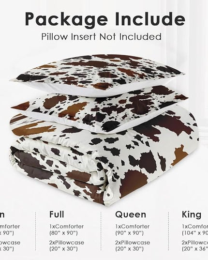 Queen Size Comforter Set with 2 Pillowcases, Vintage Cow Brown Cowhide Animal Soft 3 Pcs Bedding for Kids and Adults Bedroom Bed Decor