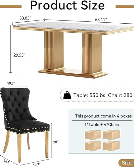 HomVent 68.11'' Faux Marble Dining Table Set for 4, Modern Rectangle Kitchen Table with Stainless Steel Base (White Table with 4 Black Chairs, 5 Pieces)