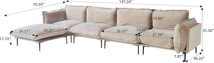 WJShome 147" Modern L-Shaped Couch for Living Room,Velvet Modular Sectional Sofa with Chaise,4-Seater Sofa with 1 Ottomans with Removable Cushions and 8" High Metal Legs, Easy to Clean, Oatmeal