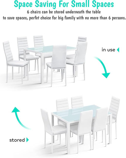 Gizoon Glass Dining Table Sets for 6, 7 Piece Kitchen Table and Chairs Set for 6 Person, PU Leather Modern Dining Room Sets for Home, Kitchen, Living Room