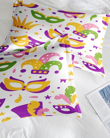 Comforter Set Full Size, Happy Purple Gold Mask 7 Pcs Bedding for Kids and Adults, Mardi Carnival Party Bed Sheet Sets with Fitted Sheet 2 Pillowcases & 2 Shams for Bedroom Bed Decor