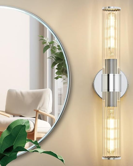 Bathroom Vanity Light Fixtures, Chrome Wall Sconce in Threaded Glass, Modern Wall Light Up and Down Wall Mount Lamp for Bathroom, Living Room, Hallway, Kitchen - Bulb Not Included
