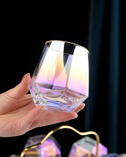 XKXKKE Diamond Wine Glasses Set of 4, 10 OZ Modern Stemless Gold Rim Glass Cups Iridescent Drinking Glassware for Serving Party, Home, Bar, Restaurants, Gift, Rainbow Tumbler, Colorful 4 Pack